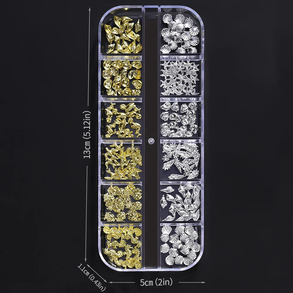 12 قطعة زينة أظافر معدنية ثلاثية الأبعاد بتصميم نجم البحر والصدفة وقنديل البحر وحصيرة البحر، ذهبية وفضية، مرصعة بأحجار الراين من السبائك لتزيين الأظافر