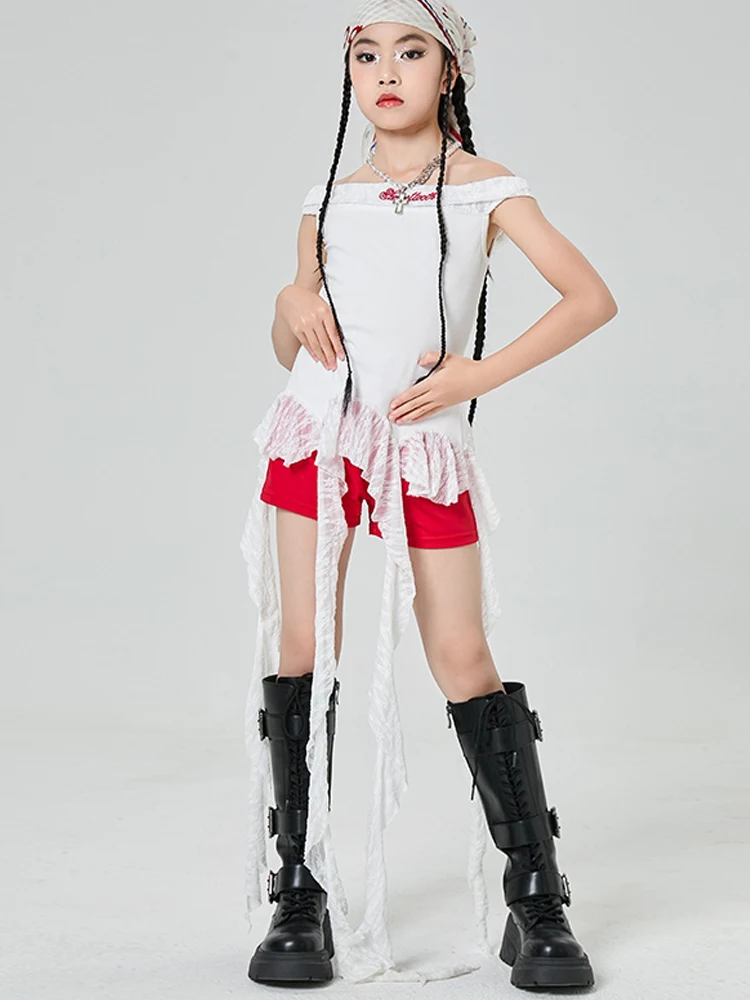 2025 الأطفال أزياء رقص الجاز الحديثة للفتيات كتف واحد الشريط الأعلى السراويل الحمراء وتتسابق الهيب هوب ملابس الرقص DQS19786