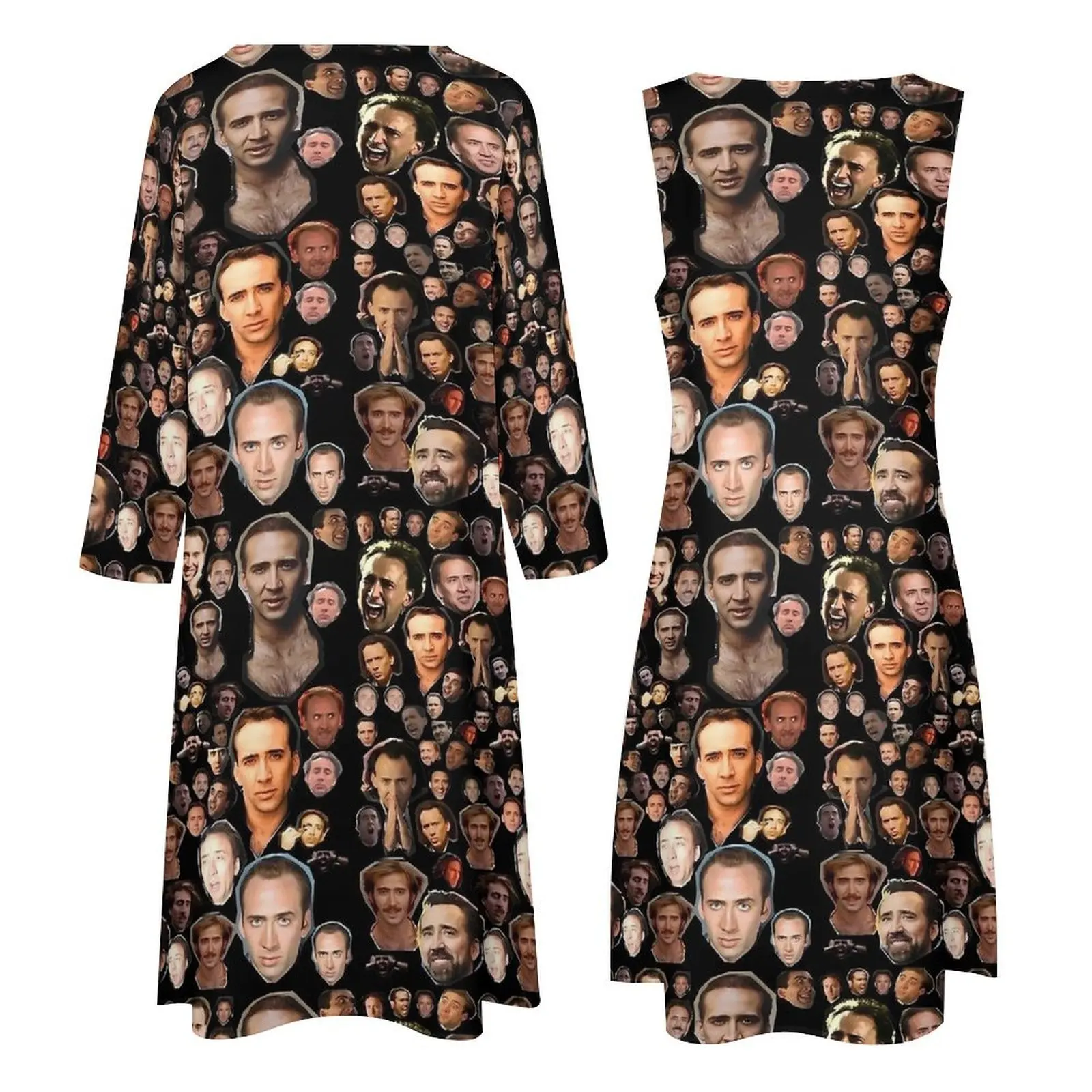 Nicholas Cage Faces Kleid Langarm Street Style Boho Strand Lange Kleider Frau Kawaii Maxikleid Geschenkidee