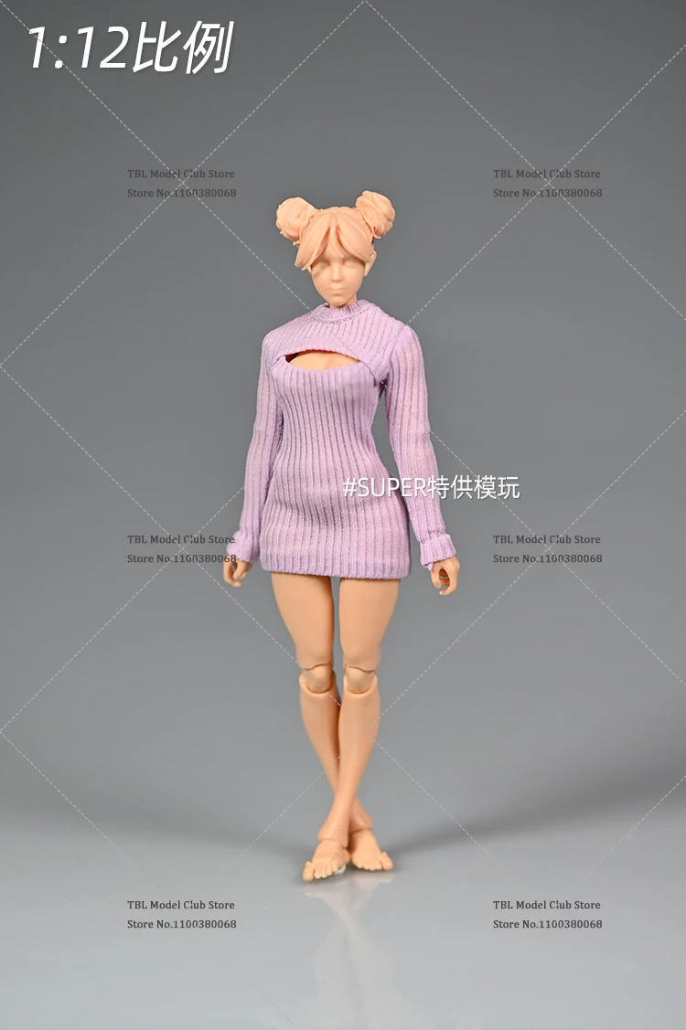 In Stock 1/12 Scale Female Soldier Long Knit Dress Slim Round Neck Solid Color Open Chest Sweater Fit 6inch Action Figure Doll