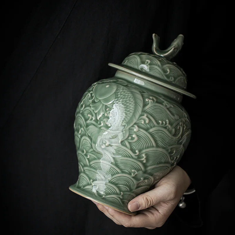 Ceramic Tea Pot Porcelain Ginger Jar General Tank Celadon Handmade Fish Relief  Storage Tank Home Furnishing Decoration