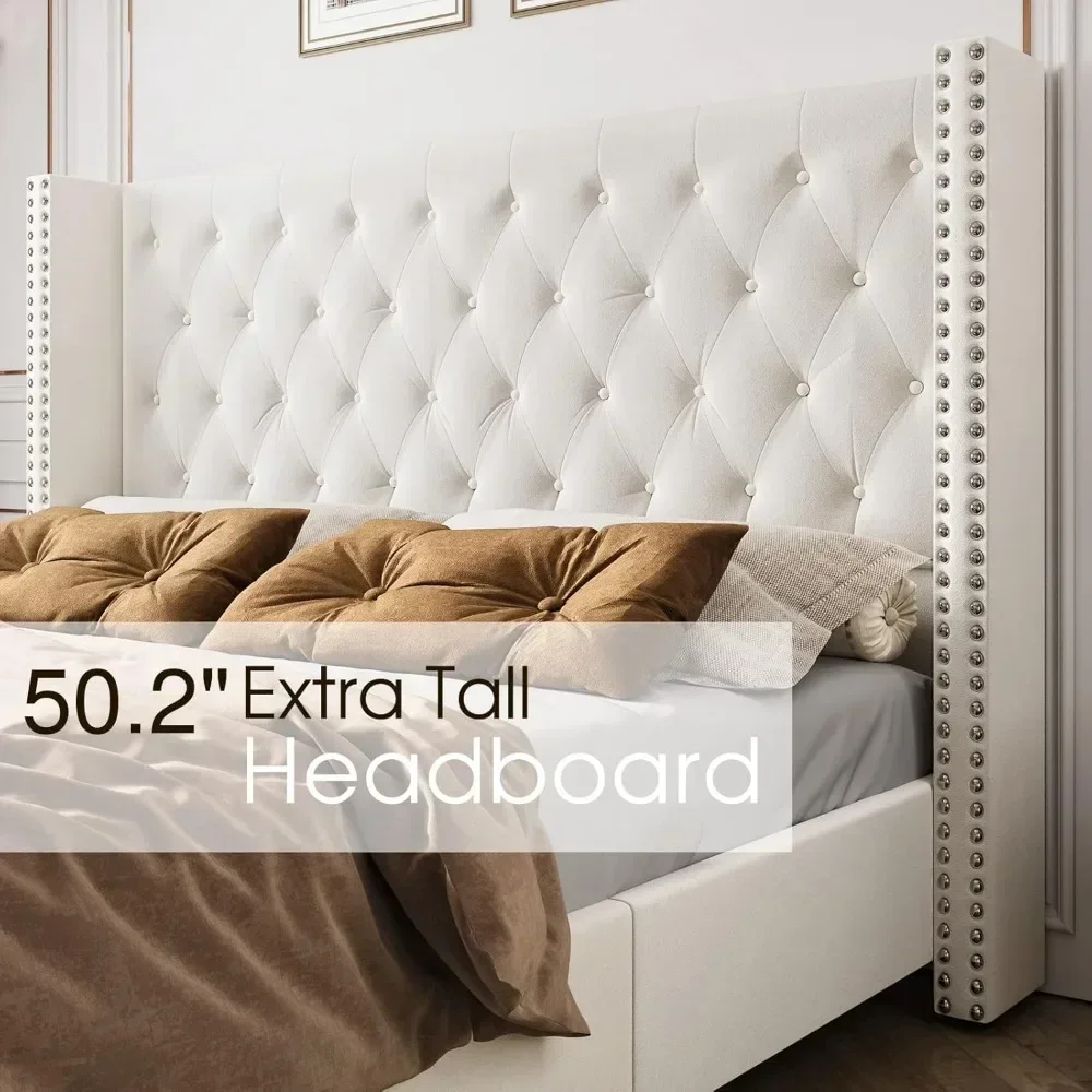 Bed Frame Upholstered Bed Velvet Low Profile Platform No Box Spring Needed/Easy Assembly Bed with Raised Wingback Headboard