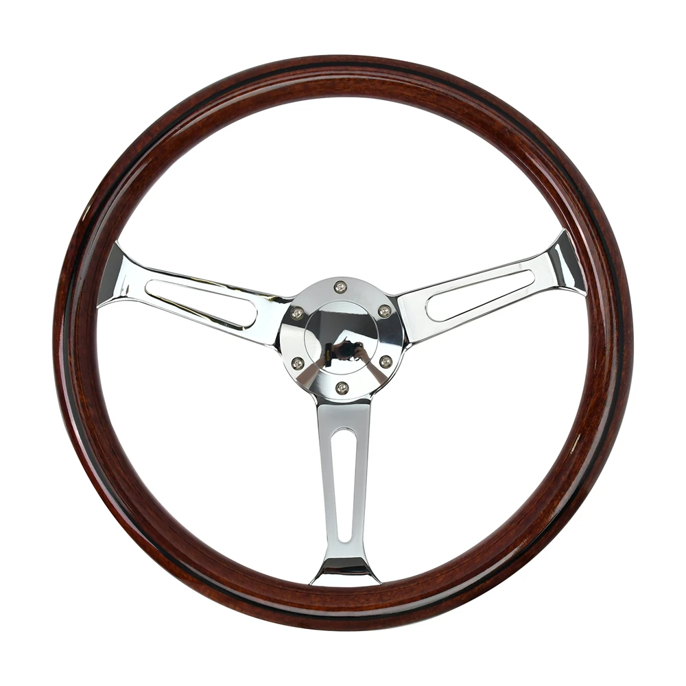 

15" Classic Wood Grain Steering Wheel Silver 3 Spokes Racing Mahogany Wood Steering Wheel With Black Lines