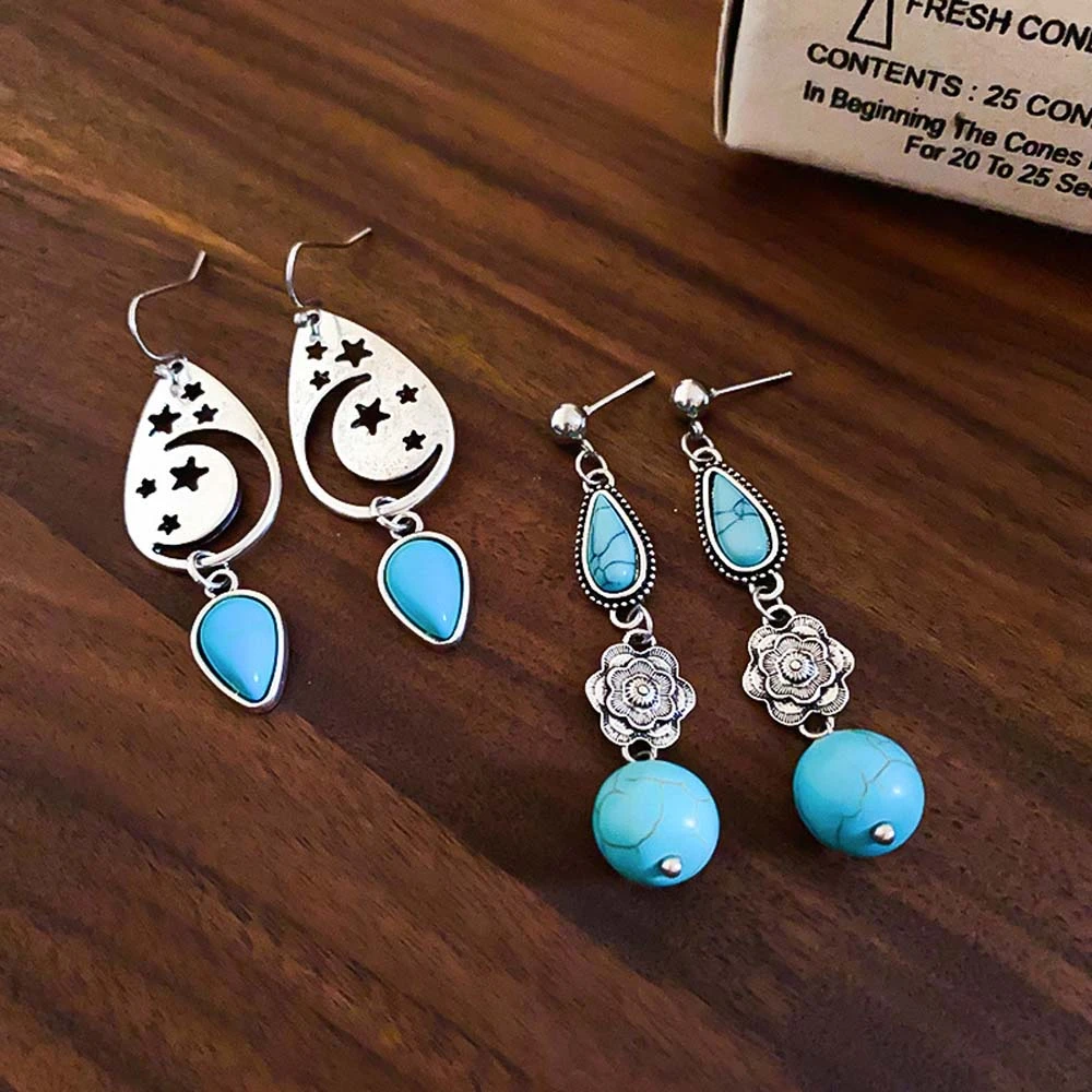 Water Droplet Shape Western Country Earrings Moon Stars Alloy Earrings Jewelry accessories Turquoise Earrings Exquisite