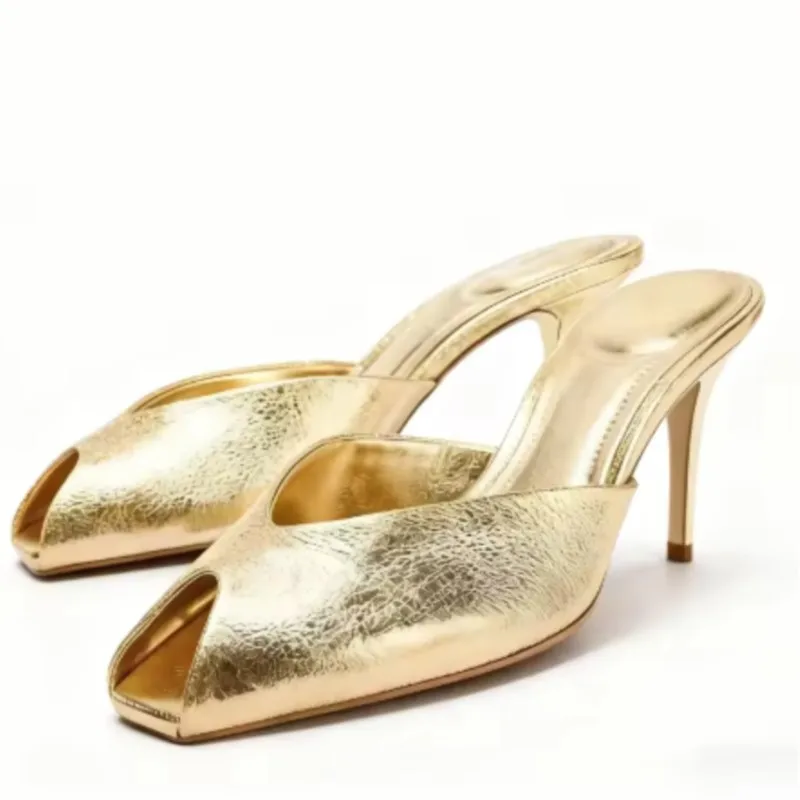 

Toe Design Brand High Heel Slippers Women High Quality Patent Leather Thin Heel Slide Sandals Fashion Party Dress Shoe