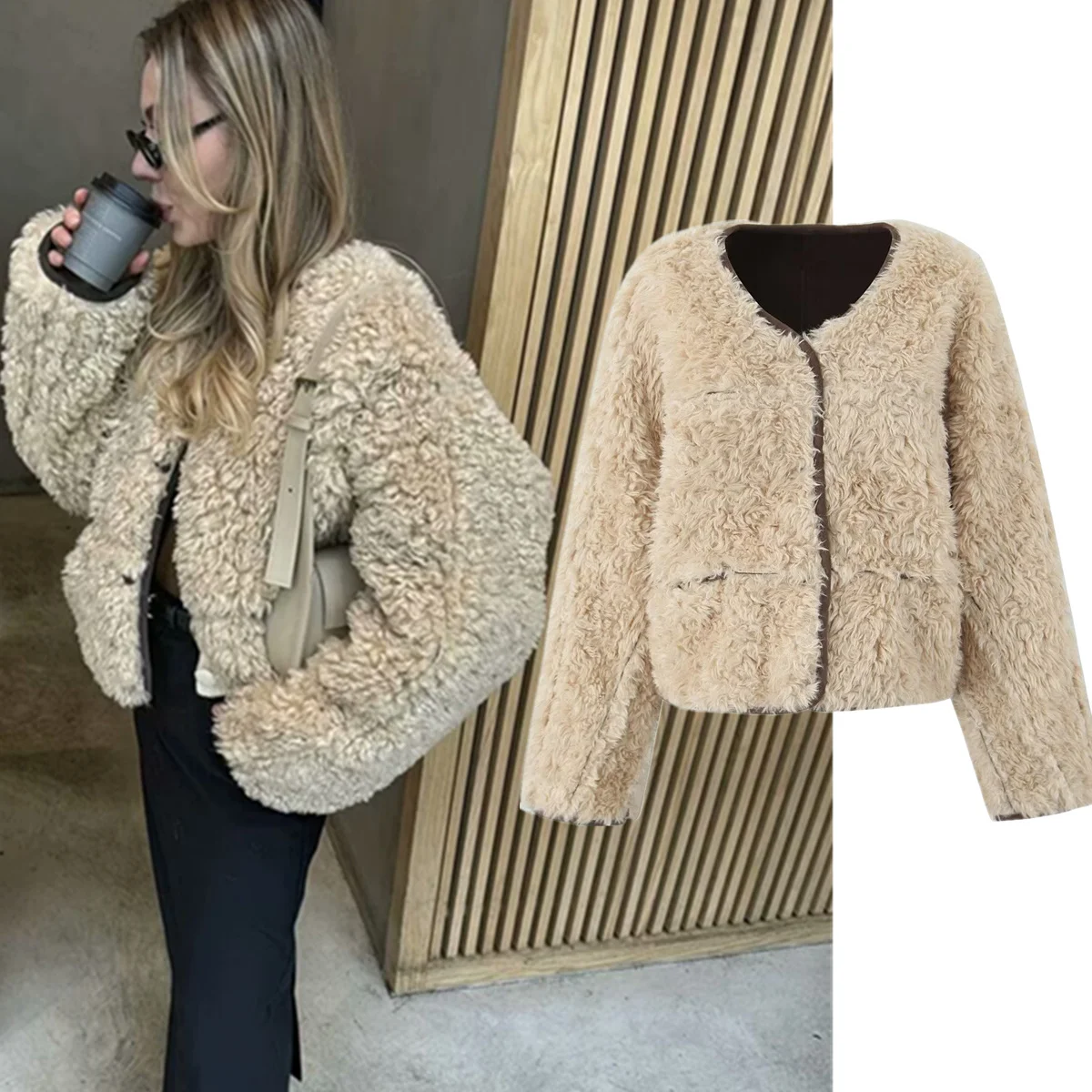 

Dave&Di French-style Kazy Minimalist Lambswool Jacket Vintage Suede Reversible Casual Jacket Winter Women's Coat