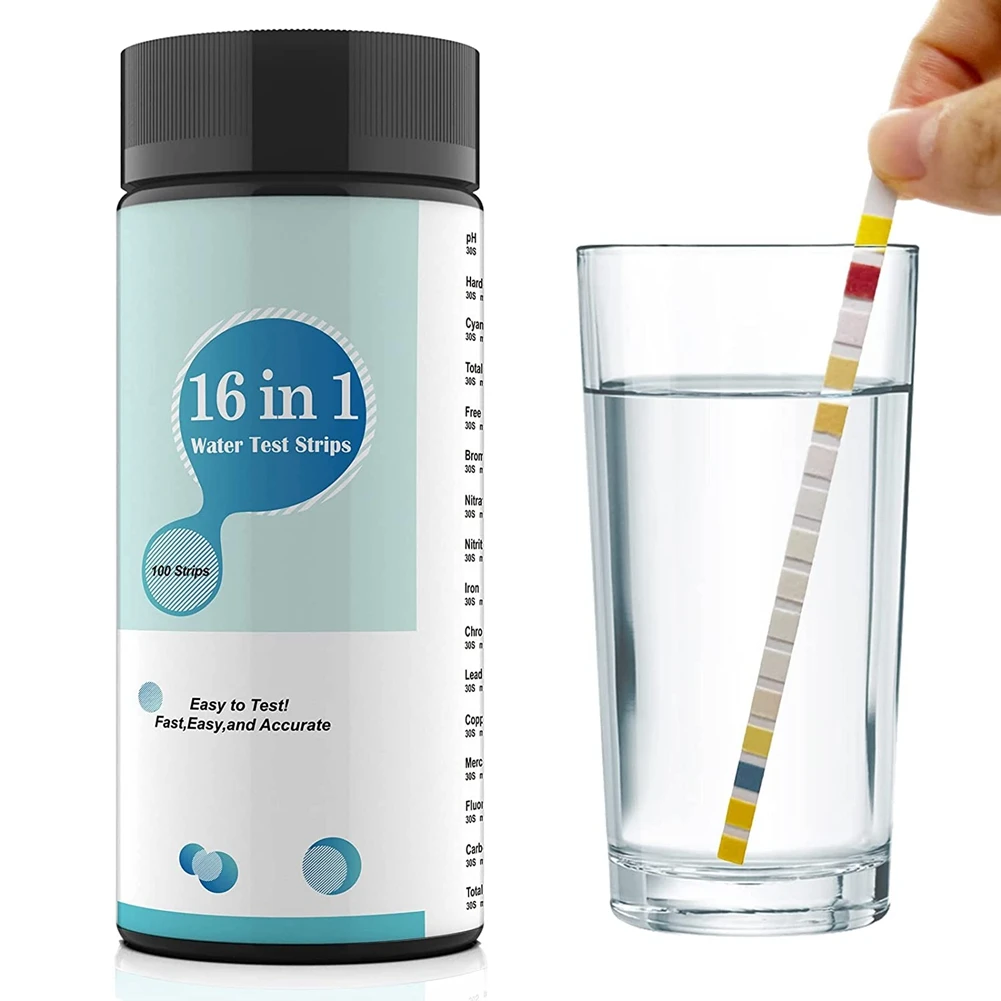 Kits de prueba de agua 16 en 1, de 100 piezas tiras de prueba de agua potable, tiras de prueba de agua de grifo y pozo y pruebas de PH, plomo, cloro