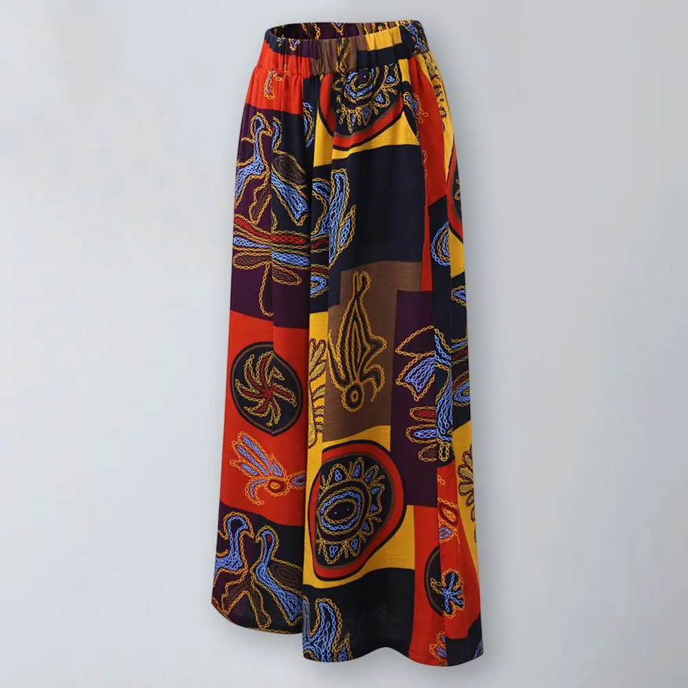 Fashion Ethnic Style Lightweight Multicolor Abstract Print Long Wide Leg Trousers Comfy Lady Slacks Daily Clothing