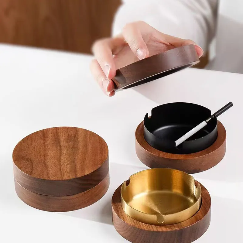 Free carved wooden covered ashtray with walnut color desktop ashtray for men's business office and home decoration ashtray