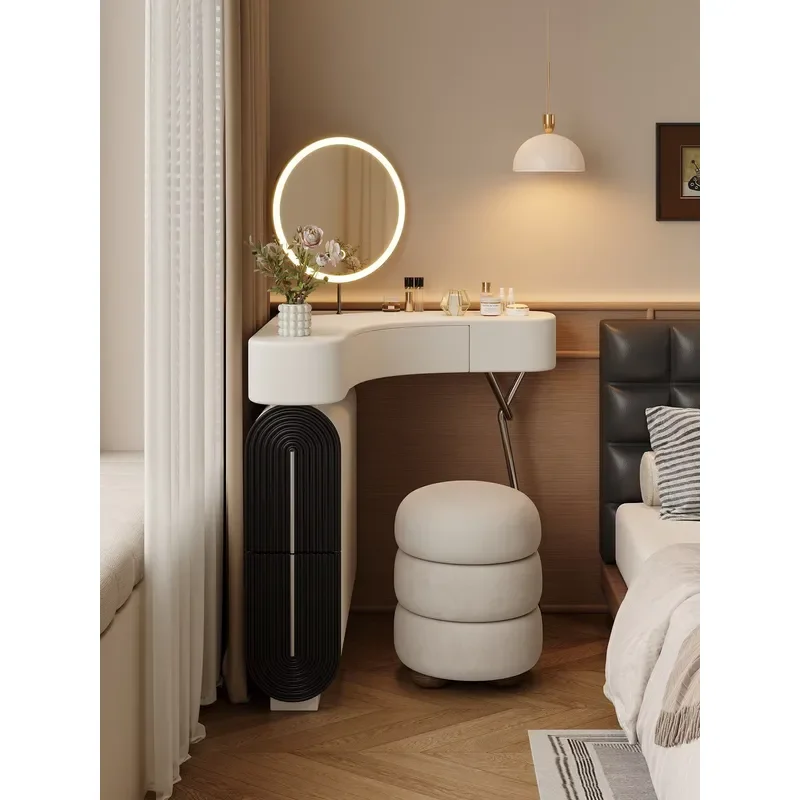 Modern Cream Style Solid Oak Wood Vanity Table with Mirror and Storage for Bedroom Small Space Wall Corner Makeup Table