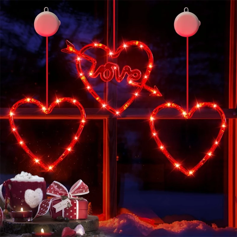 3PCS A Set LED Heart Suction Cup Romantic Valentine Proposal Party Decoration Wedding Room Table Centerpiece For Couples Gift