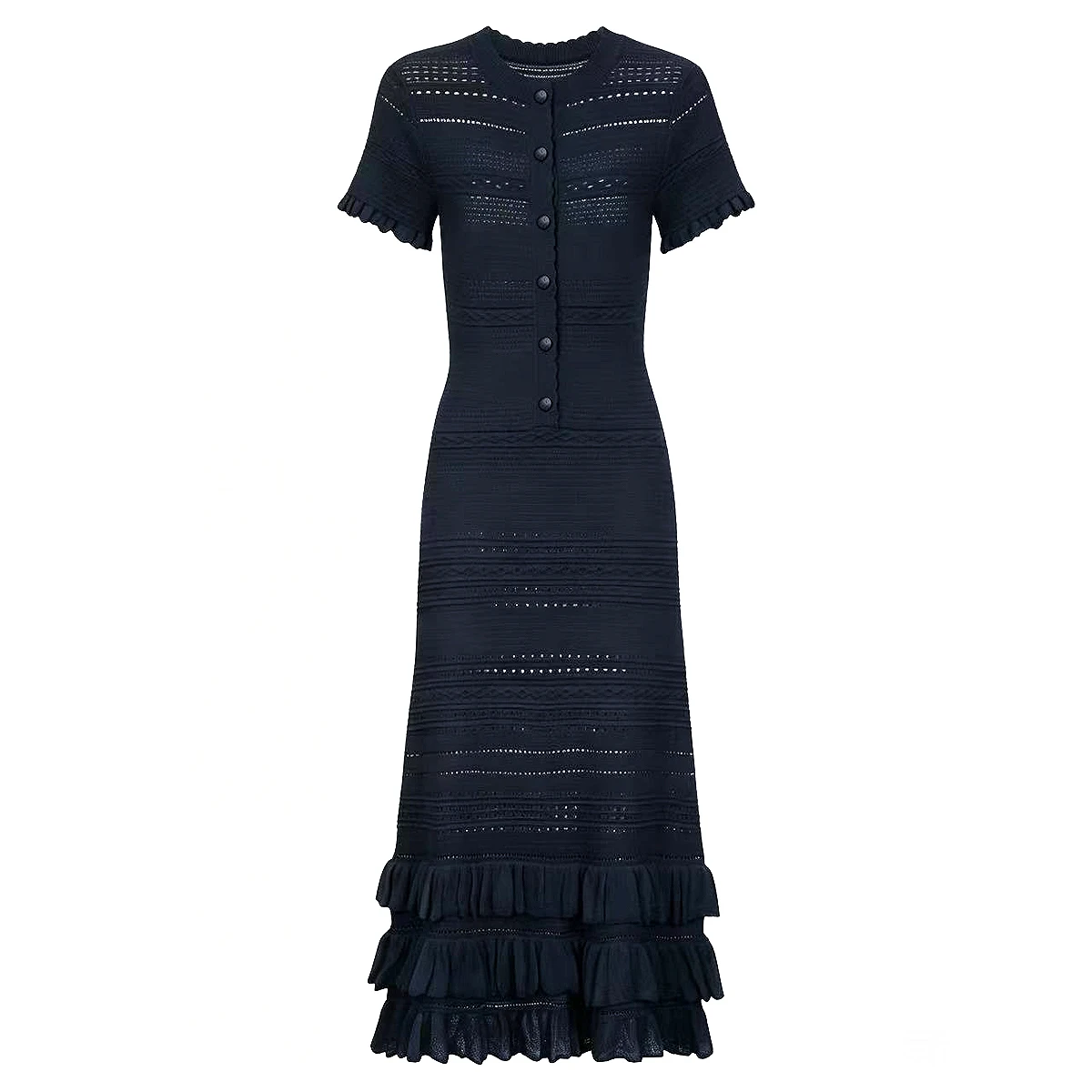26125 Hochwertiges Sommerkleid, neu, beliebt, elastisch, gestrickt, schmal geschnitten, modisch, kurzärmelig, mit Lotusblatt-Spitze, Damenkleid