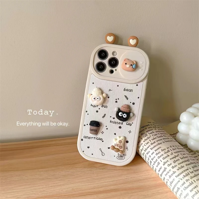 Coffee Biscuit Cute Bear Large Sight Window Sliding Camera Phone Case for iPhone 15 14 13 12 Pro Max 11 3D Love Ear Cover Coque