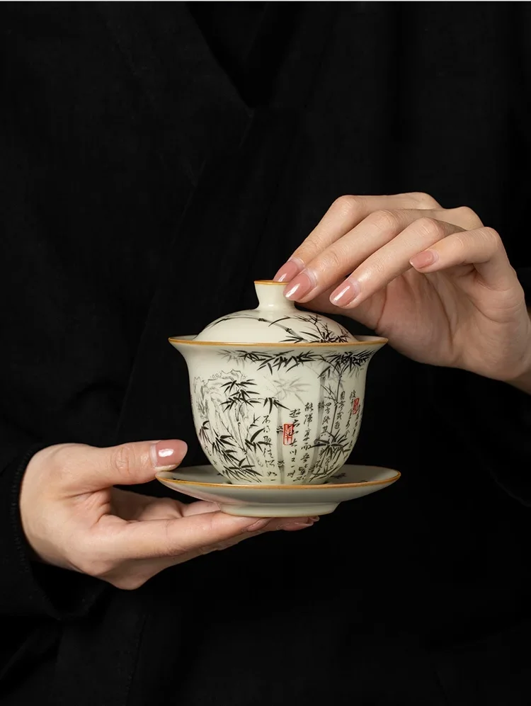 160ML Black Bamboo Ru Kiln Porcelain Gaiwan Set For Tea Tureen Teaware Cup Chinese Yellow Ceramic Opening Tea Bowls Tea Ceremony