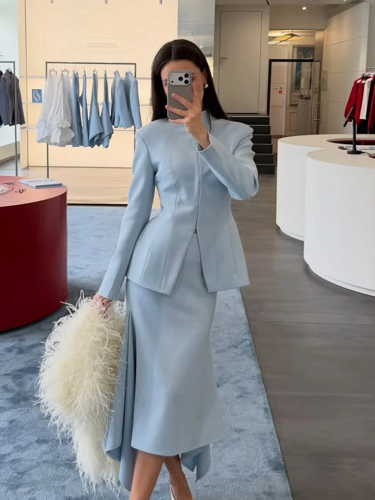 Women's Light Blue 3‑piece Matching Set Chic Cape Collar Fitted Top Asymmetrical Midi Skirt Elegant Party Business Daily Outfit