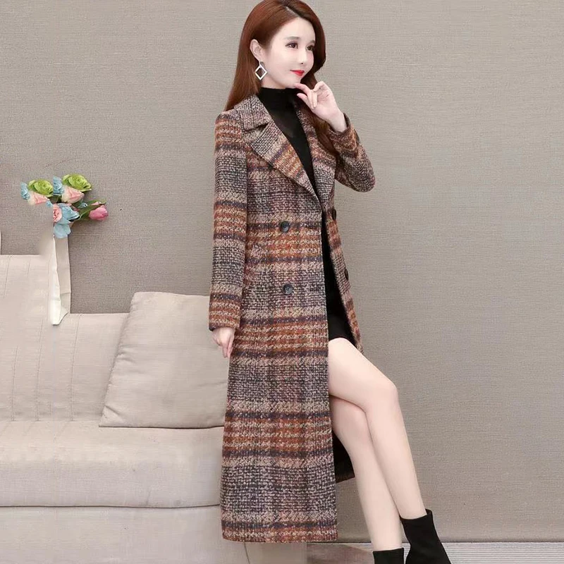 Women's Casual Plaid Woolen Windbreaker Overcoat, High-End Long Slim Belt, Double-Breasted Coats, Outwear, Autumn, Winter, New