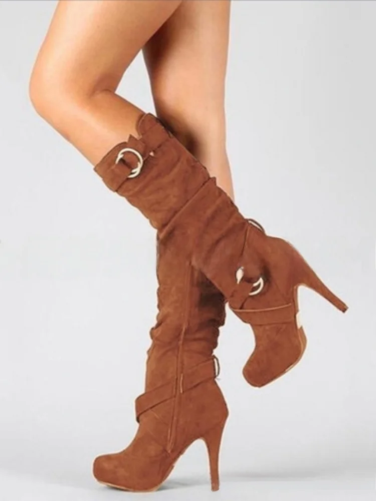 

Женские ботинки на эластичном высоком каблуке, осенне-зимние длинные ботинки-трубы, модные ботинки с круглым носком и боковой застежкой-молнией, резиновая подошва, на подкладке из искусственной кожи