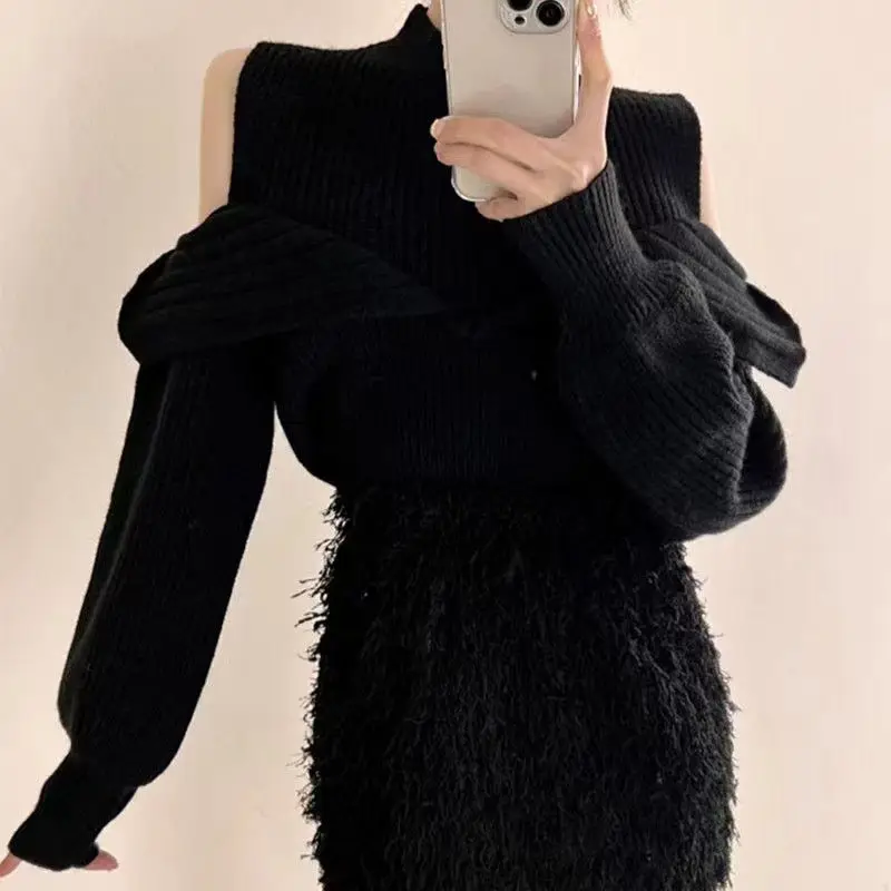 Sweater Hollow Shoulder Long Sleeve Knit Female Summer Fall Take Sweater New Render Unlined Upper Korea