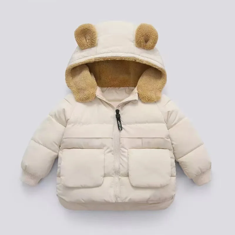 Boys Lamb\'s Wool Thickened Down Cotton Jacket Winter Girls Short Hooded Warm Coat Autumn New Kids Solid Color Casual Outerwear