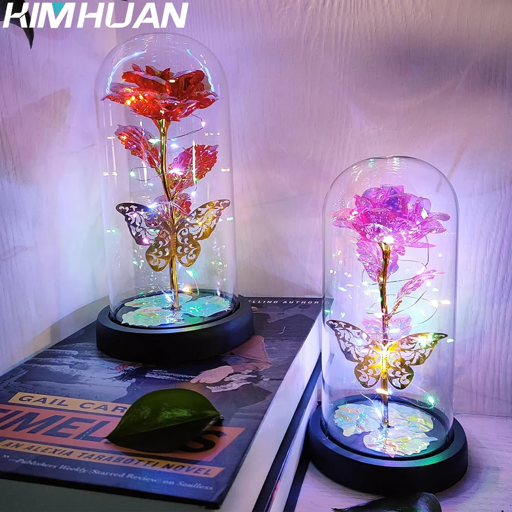 Pink colorful rose artificial flowers Wedding decoration Creative Valentine's Day gift Glowing rose in glass ball