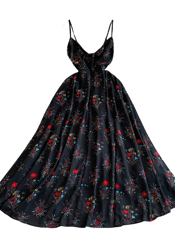 Süße Blumenkrawatte V-Ne ter Dr Sommer Vaion Ele Fairy Langer Rock Damen A-Linie Kleid mit hoher Taille No-Slee Midi D...