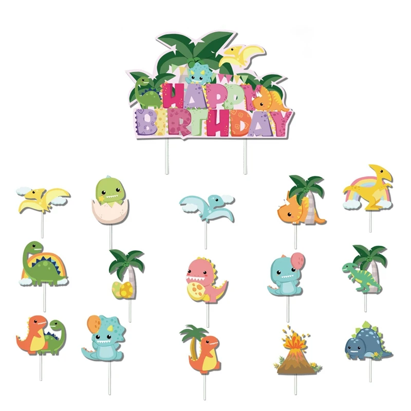 Cute Cartoon Dinosaur Cake Topper Jungle Safari Dino Birthday Cake Surround Kids Boys Happy Dinosaur Birthday Party Cake Decor