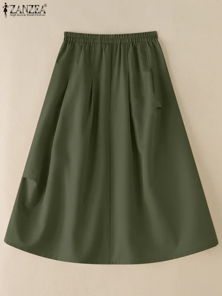 ZANZEA Casual Streetwear Faldas por debajo de la rodilla moda Mujer cintura elástica drapeado Jupes Mujer 2025 verano Color sólido A-line Faldas Mujer