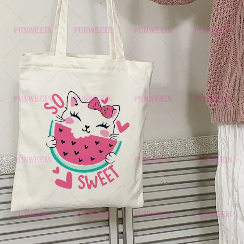 Cute Cat Cartoon Print Canvas Bag Japan Kawaii Girls Harajuku Handbag Y2K Aesthetic Shopping Bag Vintage Subculture Shoulder Bag