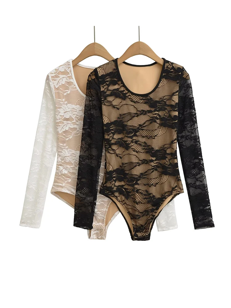 

Женское двухслойное кружевное боди с цветочным принтом и длинными рукавами, облегающий топ с круглым вырезом
