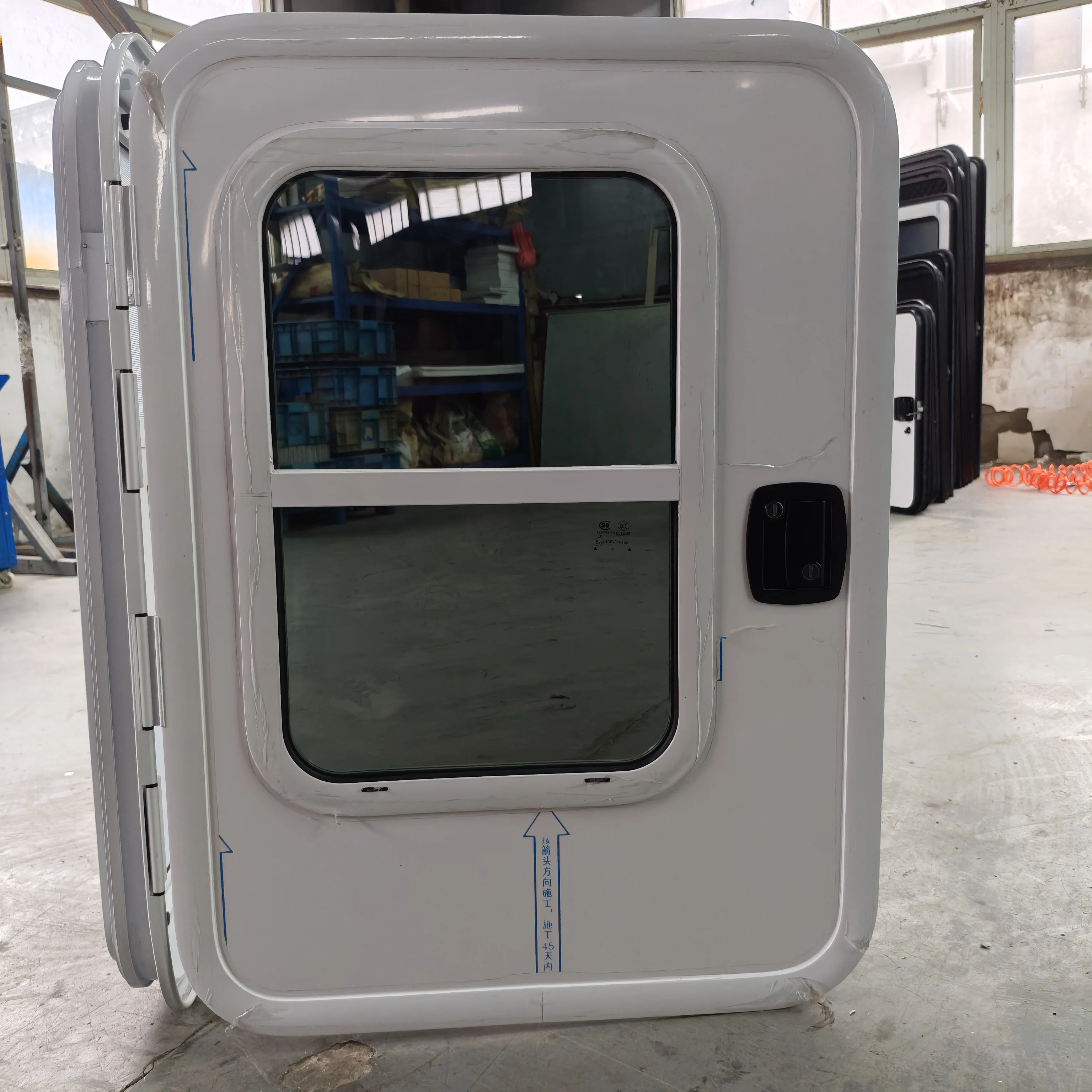 

White Camper Trailer Door With Tempered Glass Lift-up Window Anti-theft Stainless Steel Mesh Inner Door 650*800mm Custom Sizes