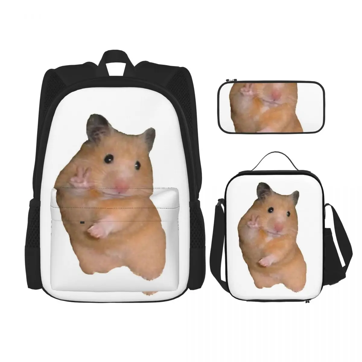 

Peace Sign Hamster Backpacks Boys Girls Bookbag Students School Bags Cartoon Kids Rucksack Lunch Bag Pen Bag Three-Piece Set