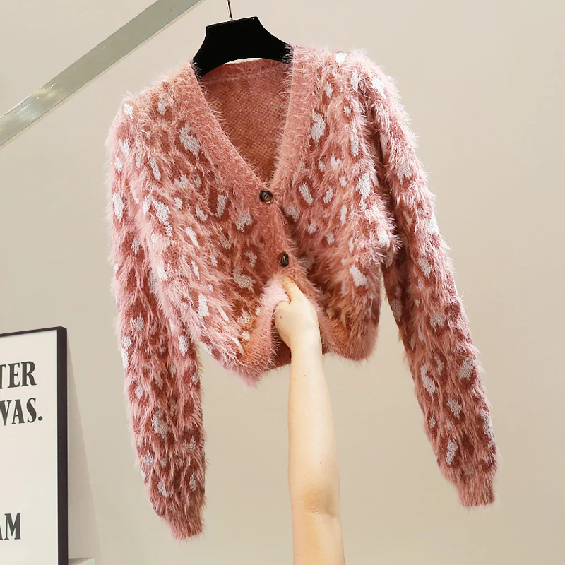

Faionable Long Sve Furry Loose Slimming Leopard Print Sweater Coat Casual Design Anti-Aging Top Trendy V-Ne Cardigan