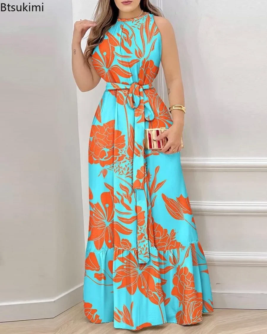 2024 Women\'s Elegant Floral Print Long Dresses Spring Summer Lace up Print Strap Dress Holiday Beach Female Robe Vesido Mujer