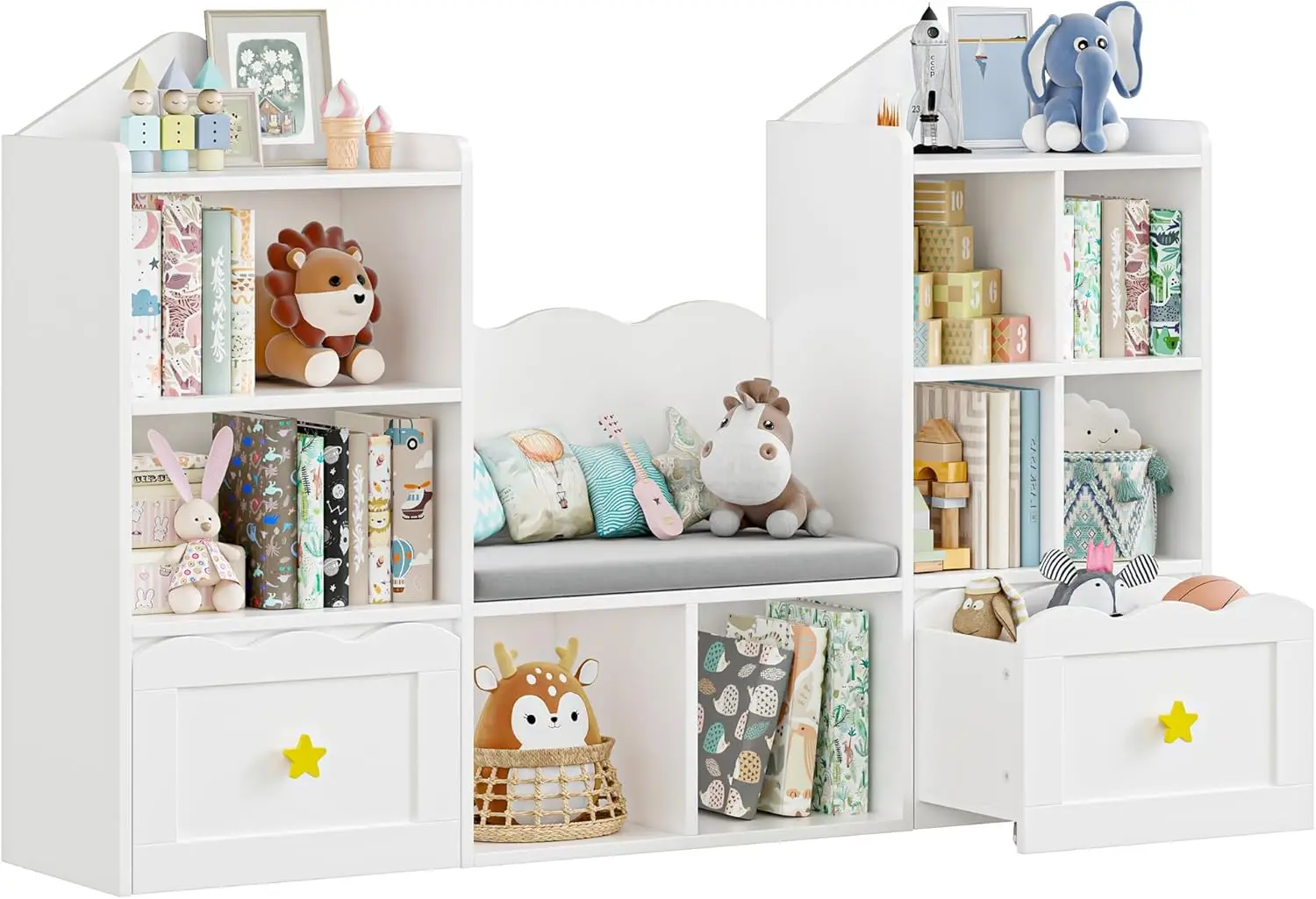 Bookshelf with Reading Nook, Kids Bookcase with Soft Cushion Seat, 2 Wheels Drawers and 8 Storage Cubbies, Toy Storage Organizer