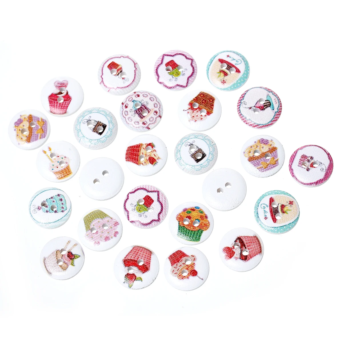 20pcs 15mm Natural Wood Sewing Buttons Scrapbooking Round At Random Mixed 2 Holes Cake Pattern Buttons DIY Apparel Accessories