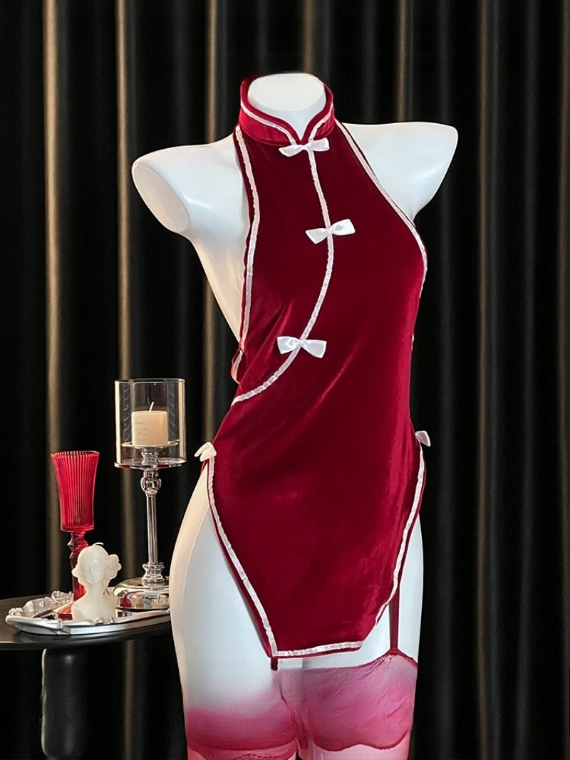 

Китайская ретро красная бархатная ночная рубашка Cheongsam с разрезом, женская униформа Pure Desire Date, элегантное сексуальное женское белье