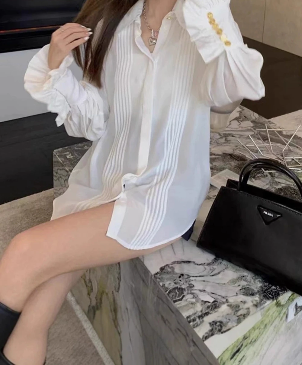 Franse stijl elegante effen kleur tops herfst 2025, nieuwe high-end revers geplooide collage manchetknopen shirt-GZXX 957