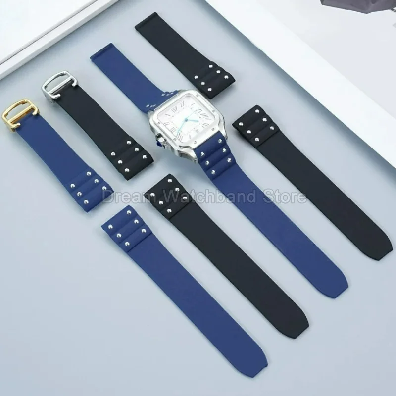 Solid Stainless Steel Folding Buckle Watchband for Cartier Santos Sandoz 100 Proprietary Flat Interface Silicone Watch Strap