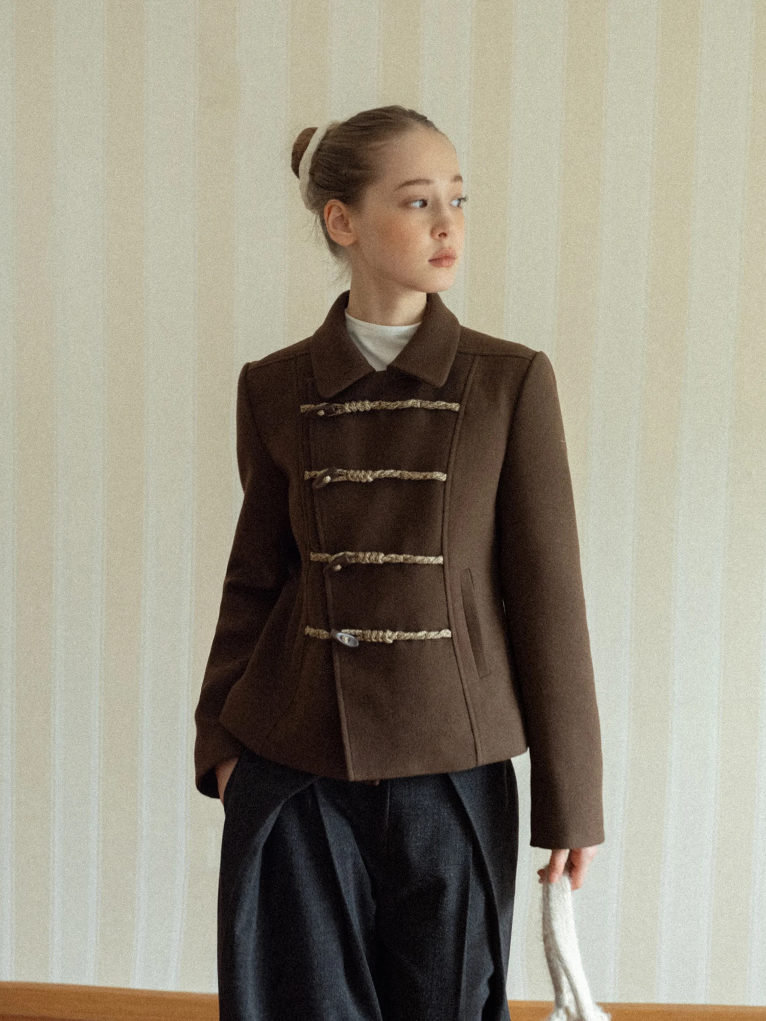 

Retro Coffee Color Buttoned Woolen Cotton Blend Outerwear EGGKA High-End Feel New Chinese Sle Turn Collar Top for Women