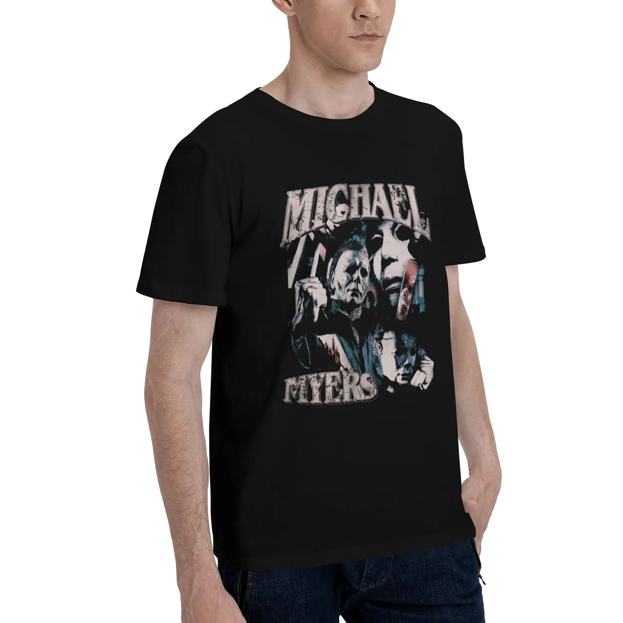 Custom Halloween Michael Myers Vintage Collage Tshirt for Men Short Sleeve Leisure T Shirt Fashion  T-shirts 100% Cotton Tees