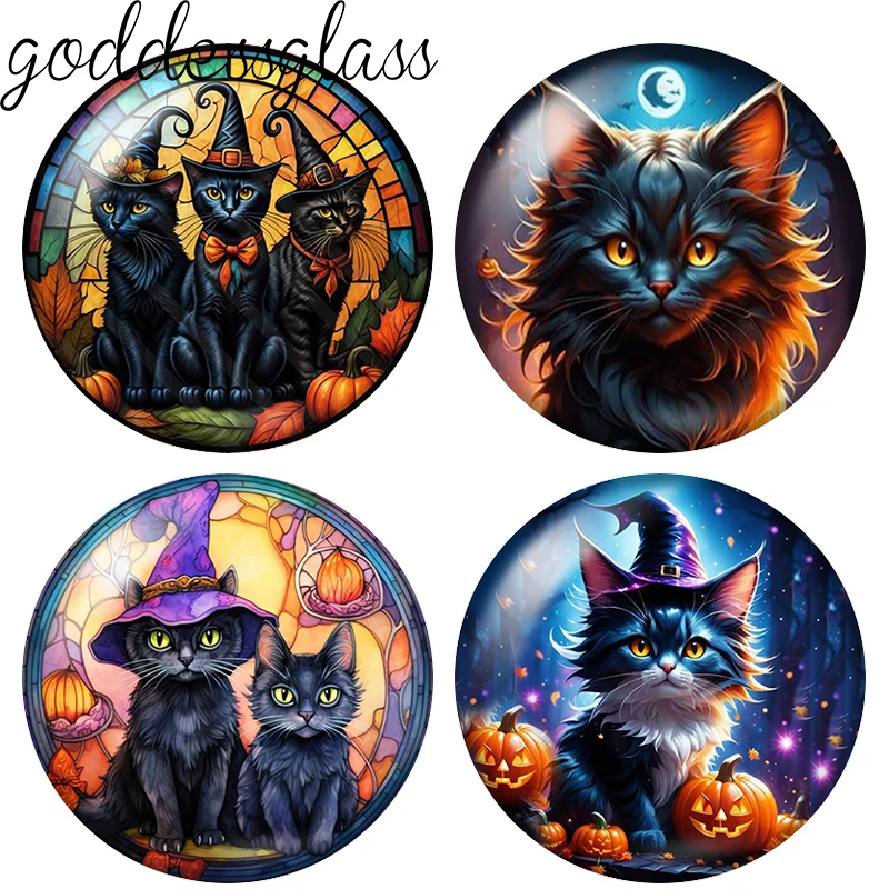 Halloween horrible photos Cat pumpkin lantern 10pcs 12mm/20mm/25mm Round photo demo glass cabochon flat back Making findings