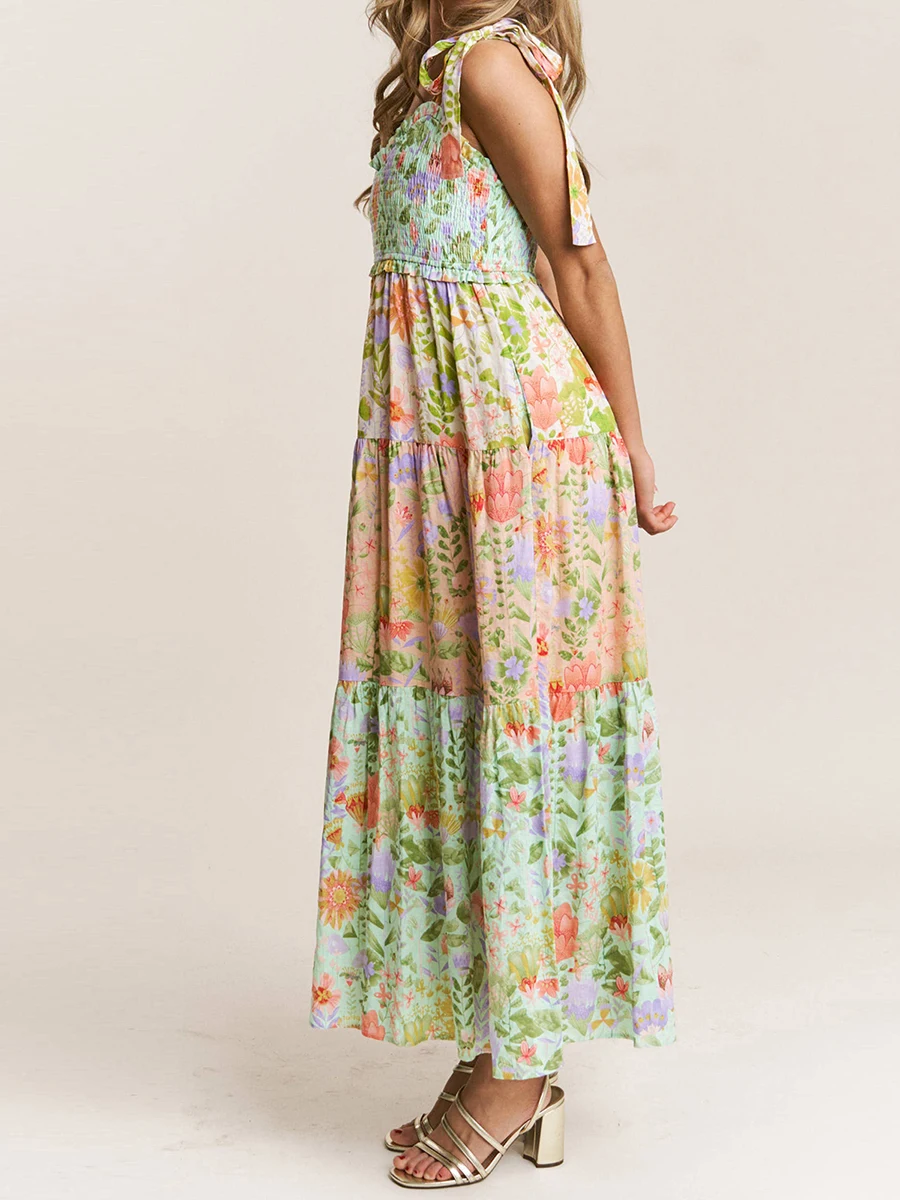 Mulheres verão sem mangas vestido casual amarrar alças floral impressão sem costas a linha vestido de festa para praia clube streetwear