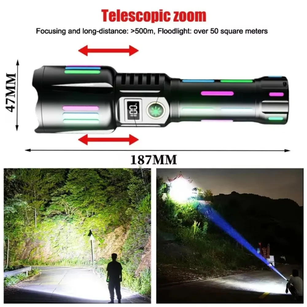 30W High Power White Laser Flashlight with Luminous Strips 3000 Meter Long Shot TYPE-C Rechargeable Zoomable Tactical Lantern