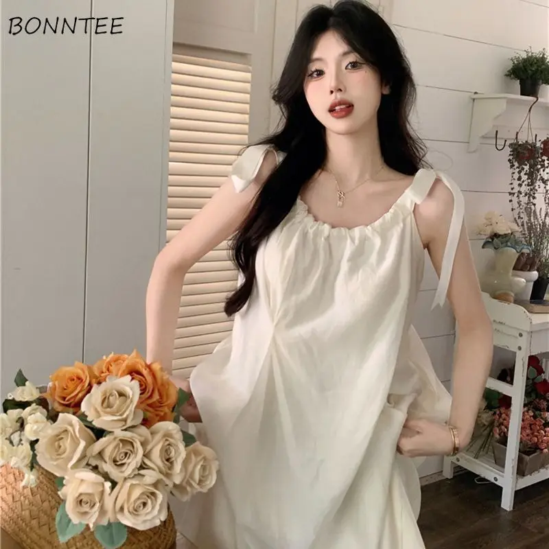 

Long Dresses Women Sleeveless Lace-up Solid Loose A-line French Style Elegant Fairycore Holiday Leisure Sundress Sweet Vestidos