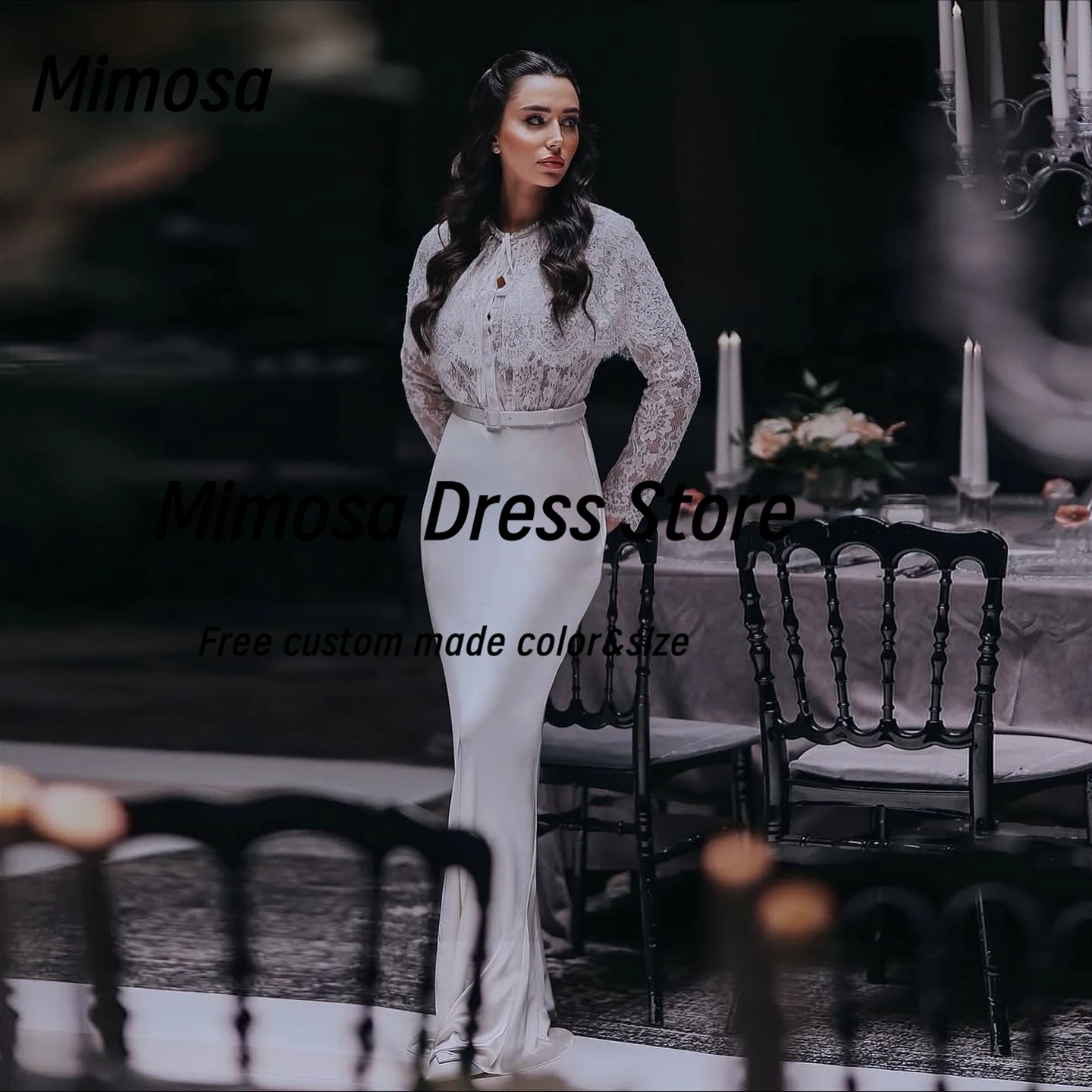 Mimosa Abiti da ballo da donna saudita Abito da sera a maniche lunghe in pizzo con fascia Abiti da festa formali per occasioni speciali personalizzati