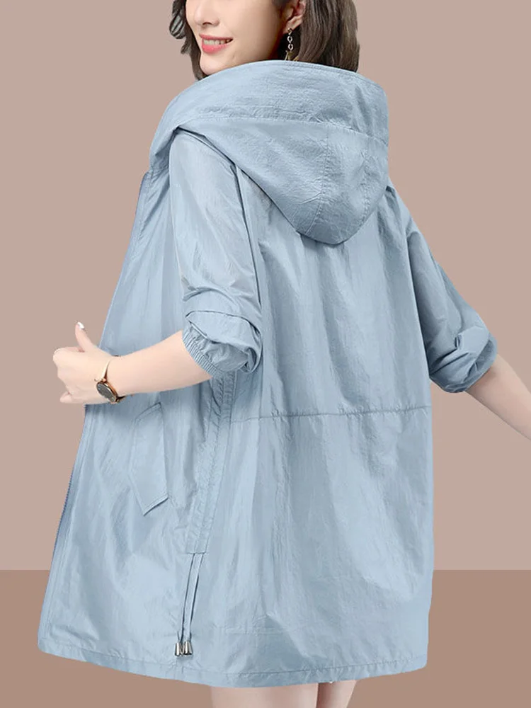 Women's Summer New 2026 Ice Silk Thin Outerwear Long Sleeve Regular Fit Zipper Closure Sun Protection Clothing Mid-Length Coat