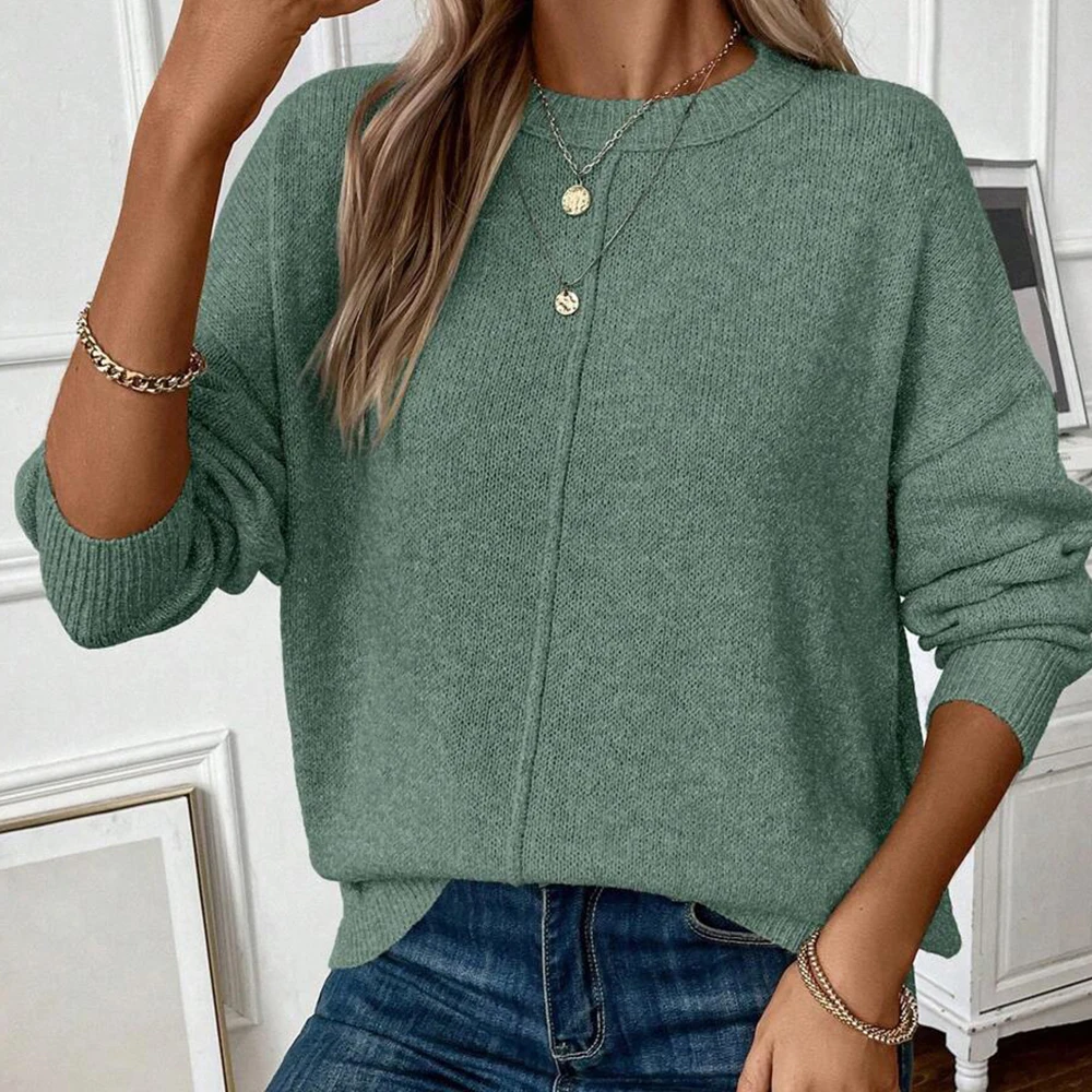 

Fashion Solid Color Knitted Sweater Autumn Round Neck Loose Pullover Casual Knitwear Clothes Women Long Sleeved Outwear