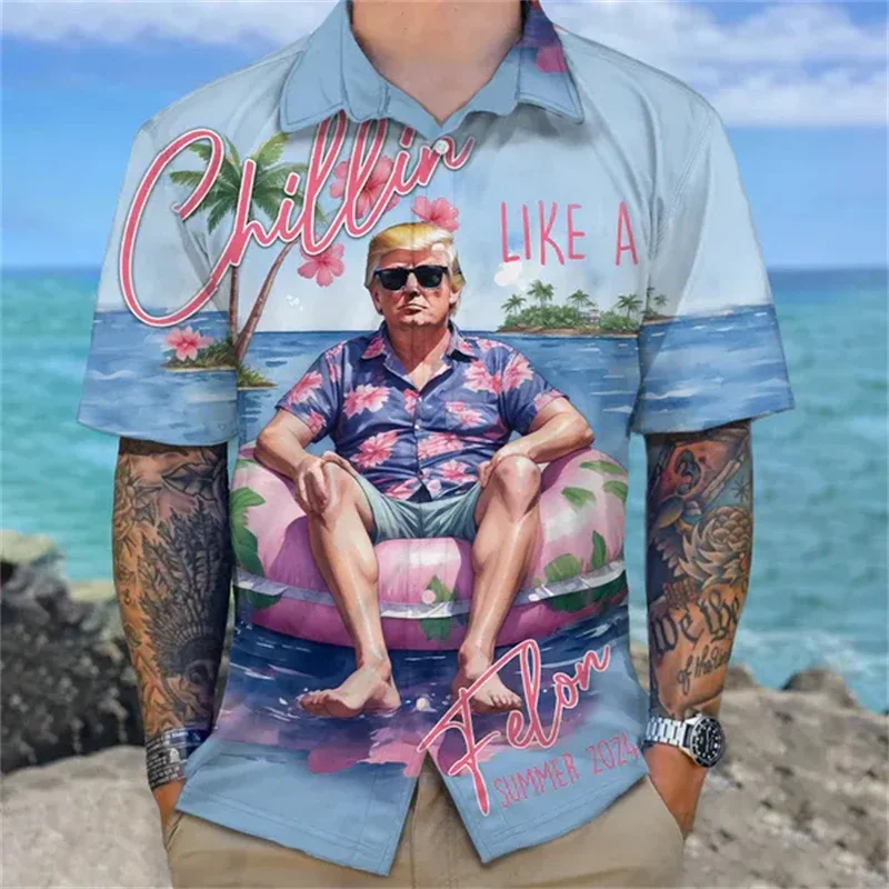 Newest Donald Trump Fighting Graphic Hawaiian Shirt Men USA Patriotic 3D Printed Aloha Shirts Fashion Blouses Street Lapel Tops