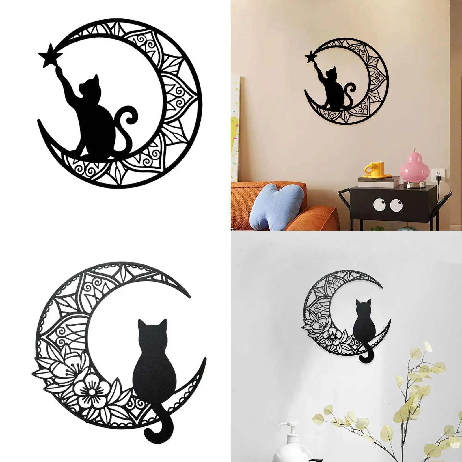 Cat Moon Wall Decor Black Acrylic Art 12 inch Silhouette Decorating Decal for Corridor Bookcase Living Room Kitchen Bathroom