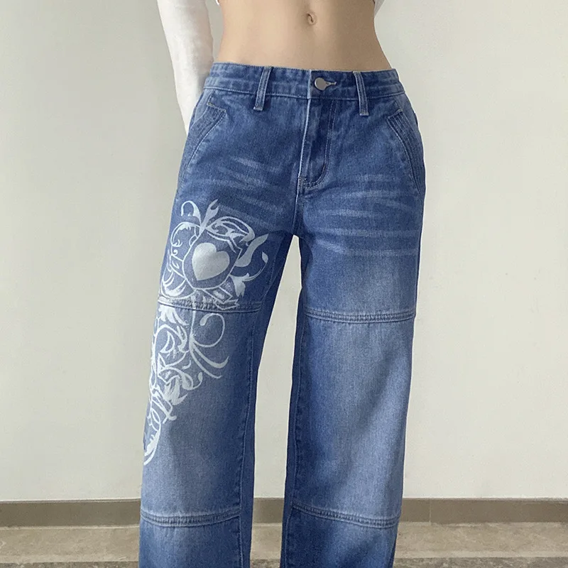 Women Y2K Print Streetwear Gothic Baggy   Jeans Autumn Low Waist Long Trousers Casual Denim Pants Simple Female Buttons Bottoms